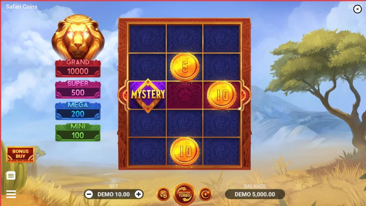 Tampilan visual slot Safari Coins dengan latar belakang sabana Afrika yang megah dan simbol koin emas.