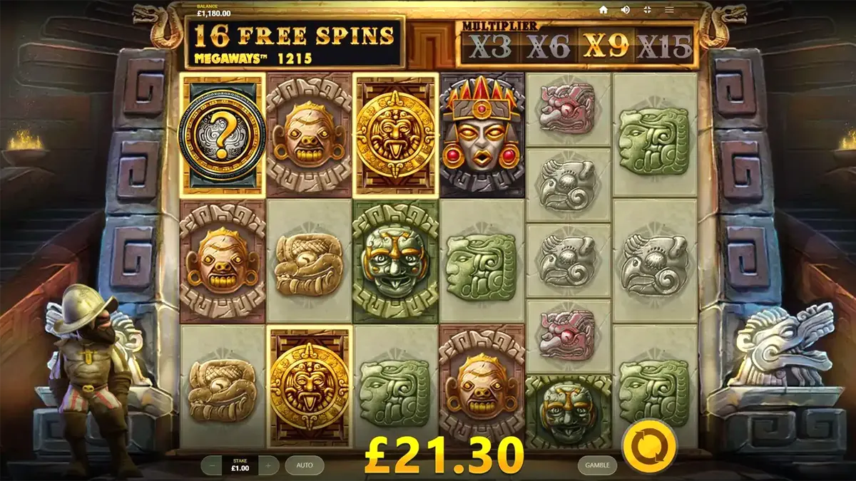 Gonzo’s Quest Megaways slot interface showing the Mayan temple theme and cascading reels
