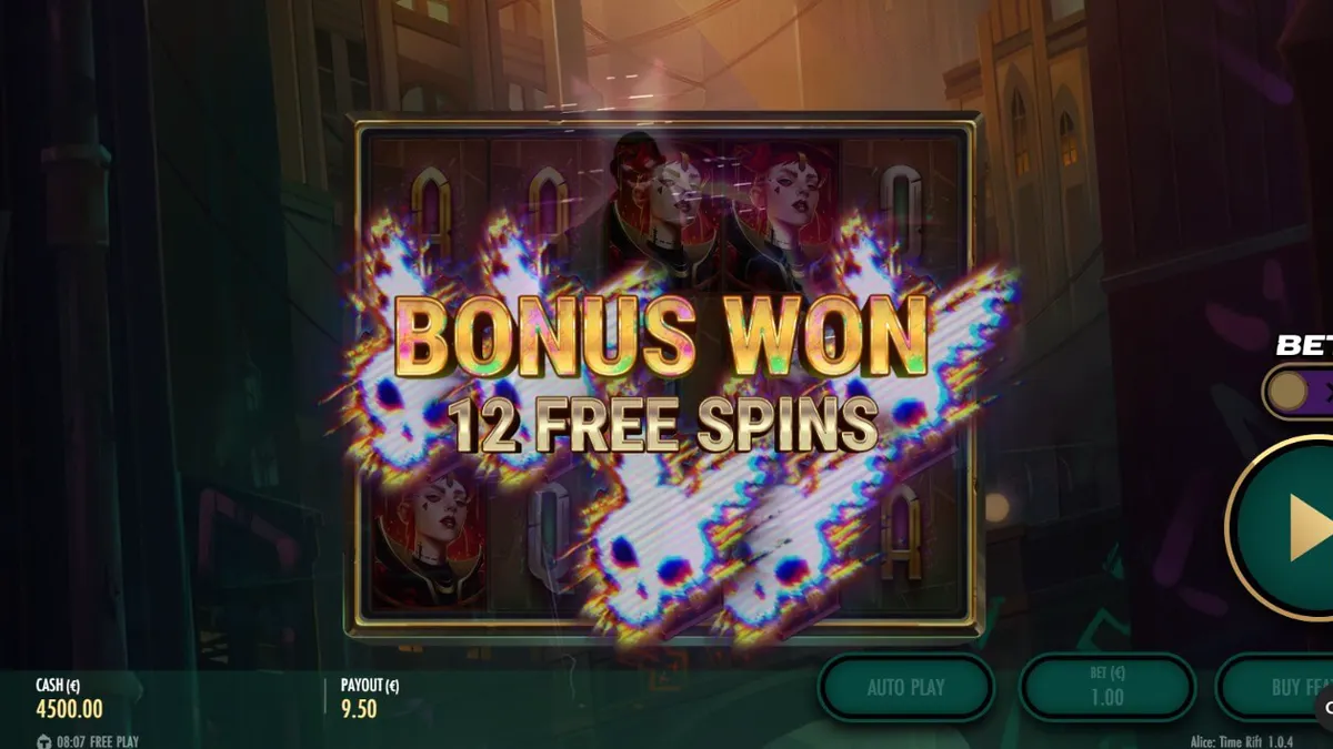 Tampilan visual slot Alice: Time Rift dengan tema steampunk yang gelap